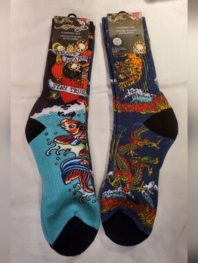 303. NEW - Ed Hardy Koi & Dragon Cushioned Crew Socks - 2 Pair